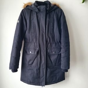 Point Zero black hooded cinched waist mid thigh zip up parka jacket Size S